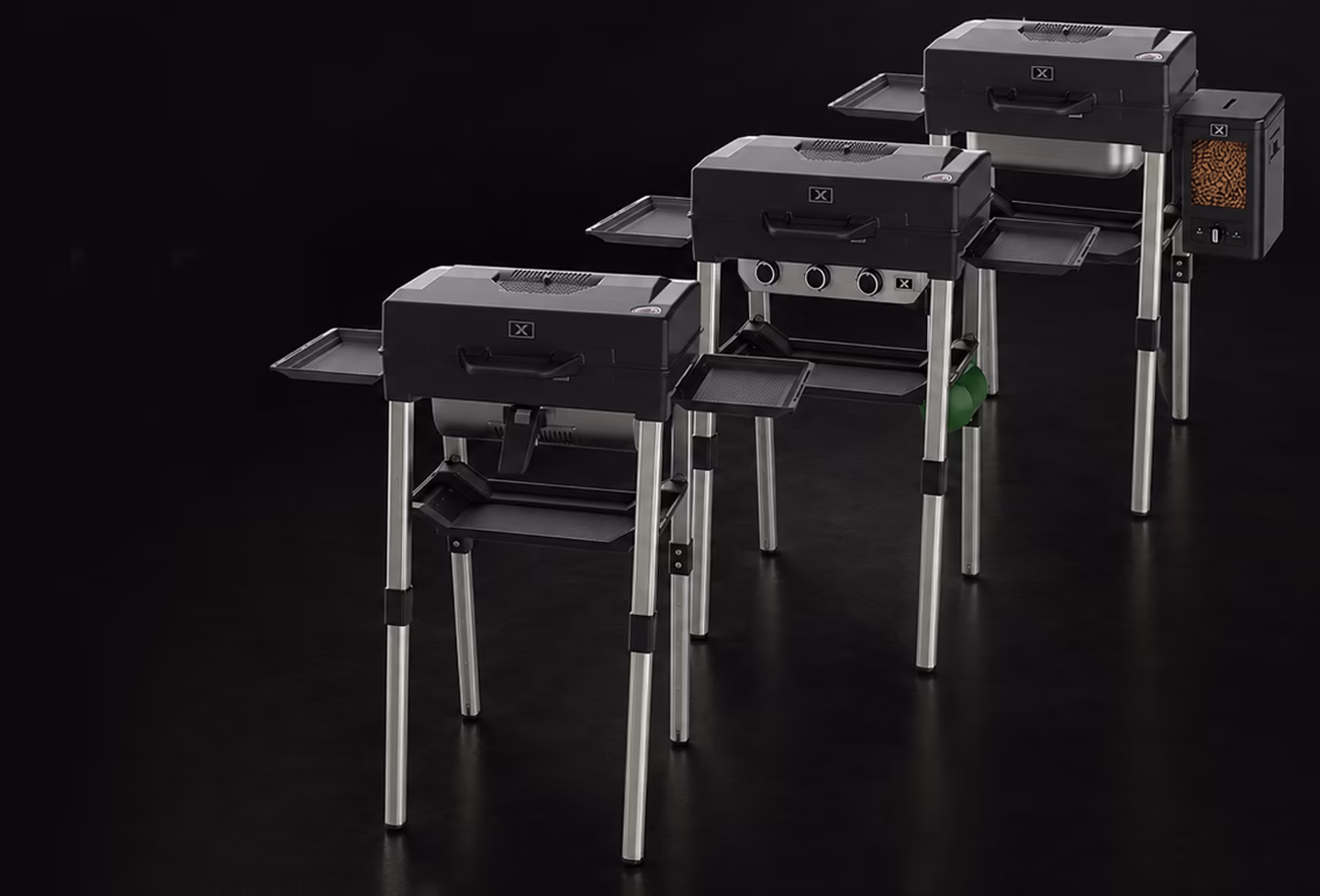 Exochef charcoal, gas, and pellet fuel module configurations shown on the full-height grill platform