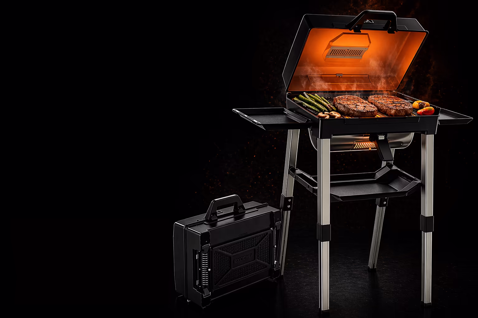 Exochef portable grill open and ready to cook
